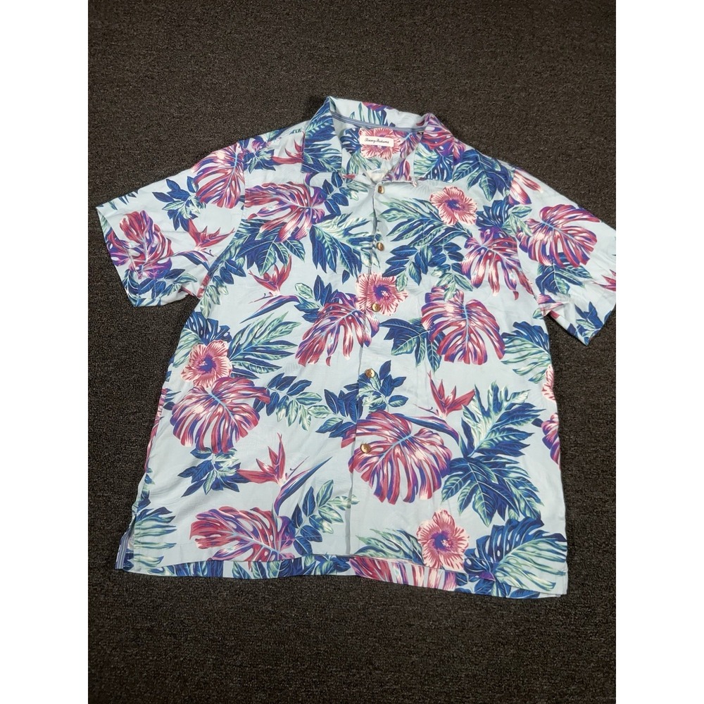 Tommy Bahama Hawaiian Loop Collar Shirt Men XL Floral AOP Tropical Silk Coolmax